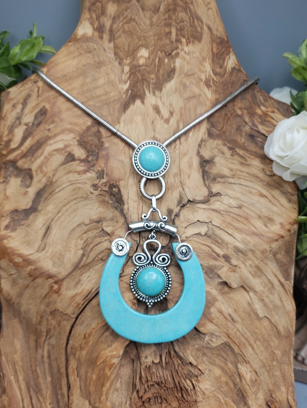 Lrg Turquoise Statement Necklace - Silver Southwestern Boho Festival Coastal